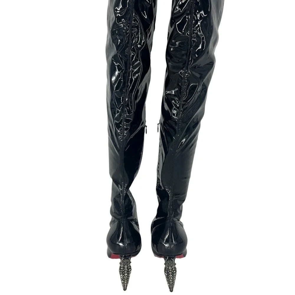 Christian Louboutin Limited Edition Black Lipstrass Patent Thigh Boots Size 37.5